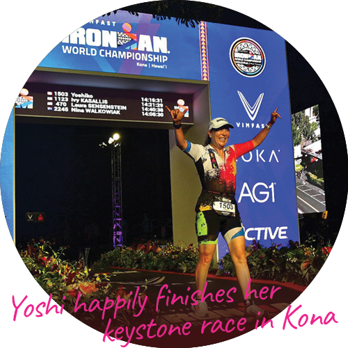 Happy HEAL athlete Yoshi at the finish line of Kona